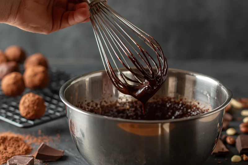 Hand lifting a wire whisk dripping with melted dark chocolate over a metal bowl during dessert preparation