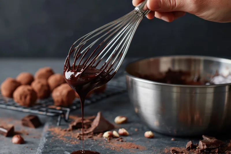 Hand lifting wire whisk dripping with melted dark chocolate over kitchen counter with chocolate truffles and bowl in background
