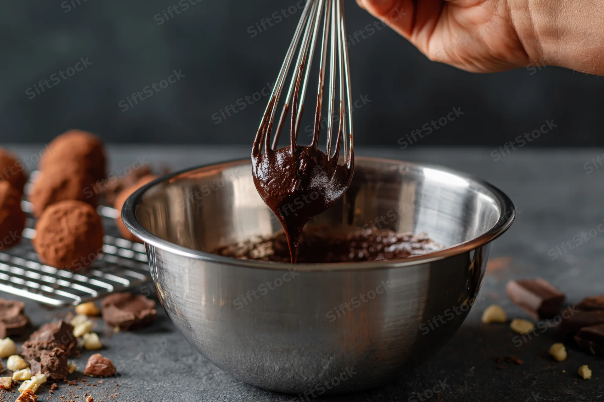 Hand lifting wire whisk dripping with melted dark chocolate over stainless steel bowl on dark surface with chocolate truffles and hazelnuts nearby