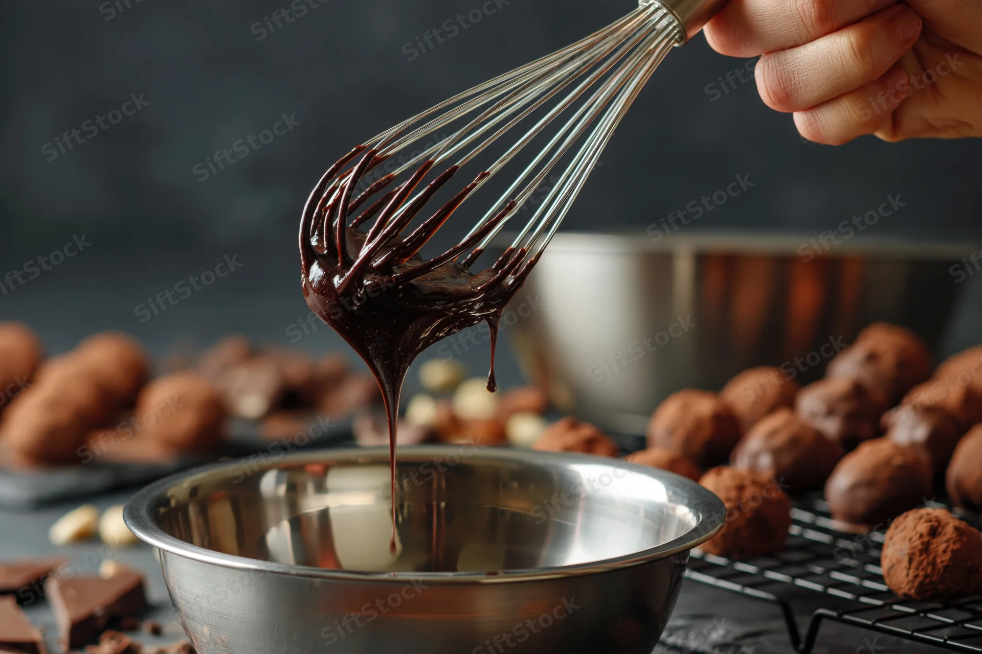 Hand lifting wire whisk dripping with melted dark chocolate over stainless steel bowl in kitchen setting