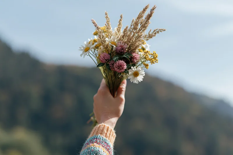Hand holding a wildflower bouquet with daisies and grasses against a mountain backdrop