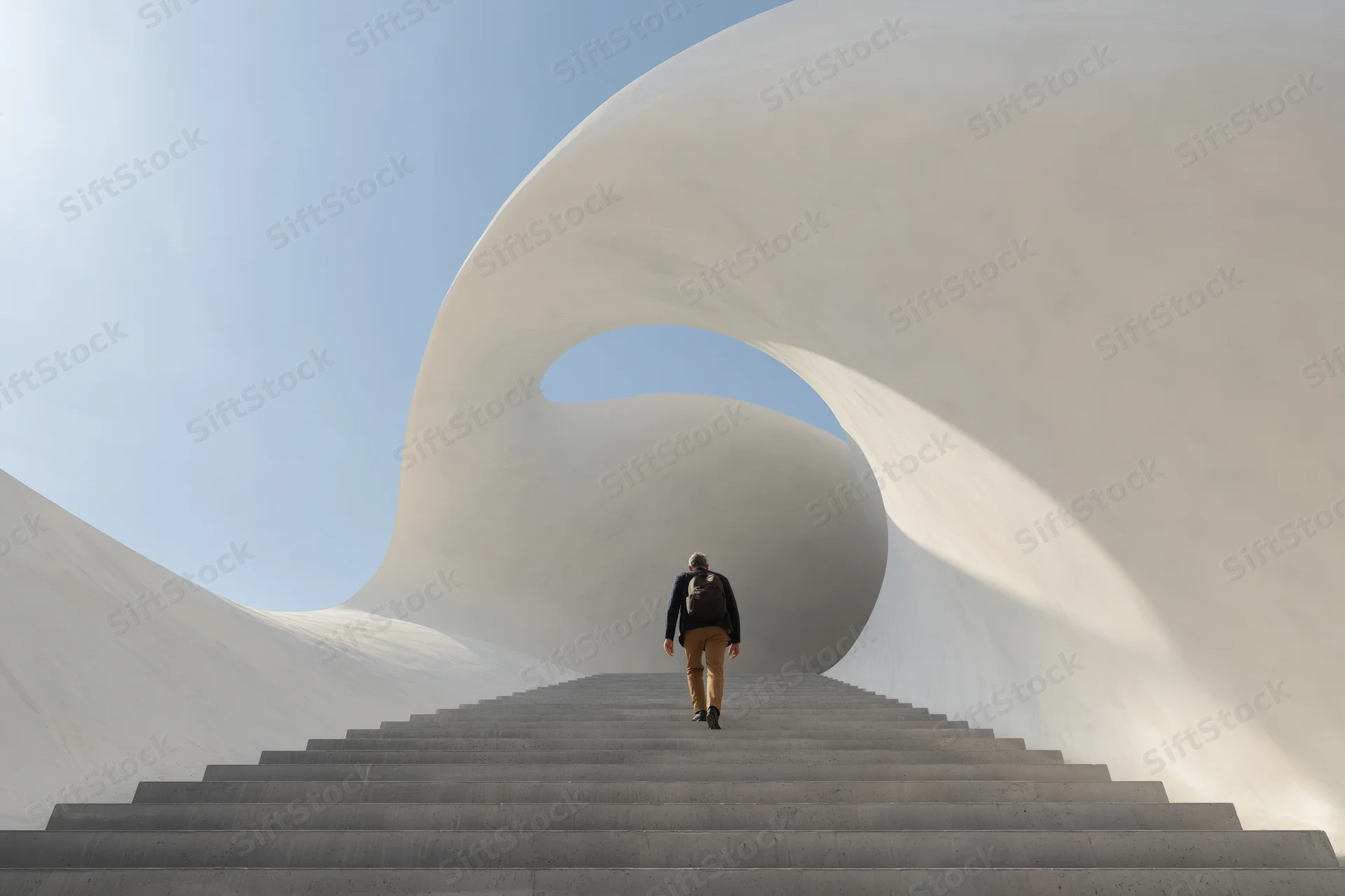 Man with backpack walking up wide concrete stairs in modern white curved structure