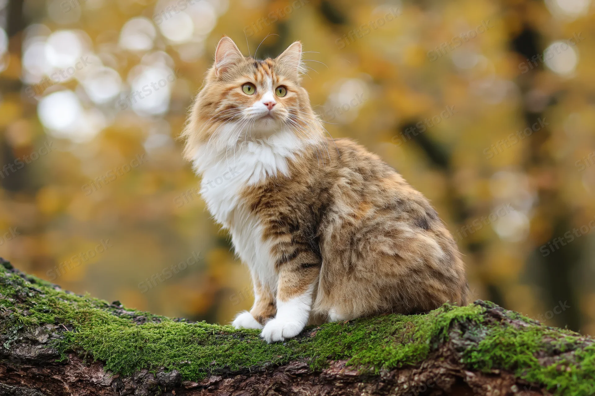 Long-haired tabby cat sitting on mossy tree branch in autumn forest