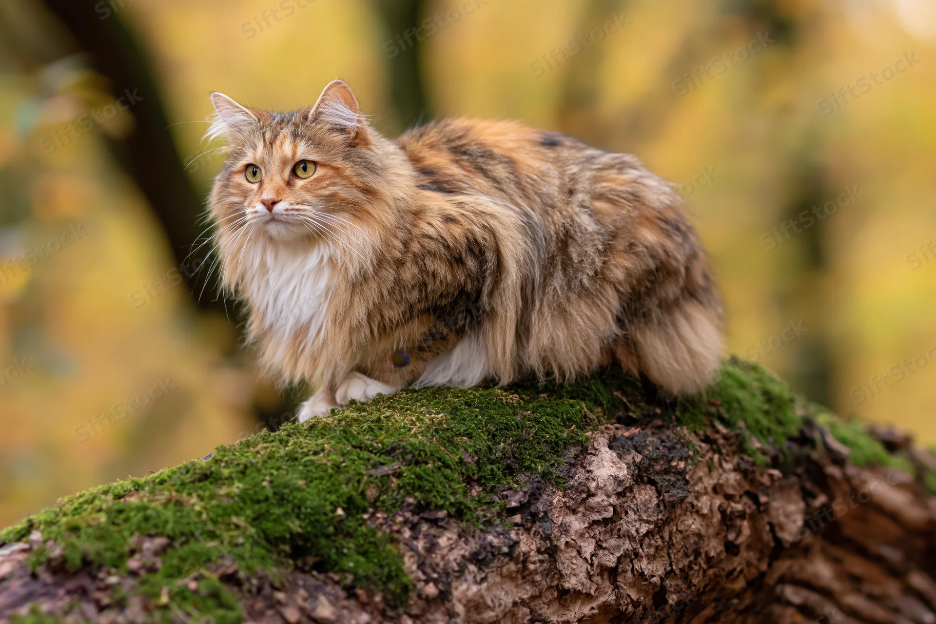 Long-haired tabby cat perched on mossy log in autumn woodland
