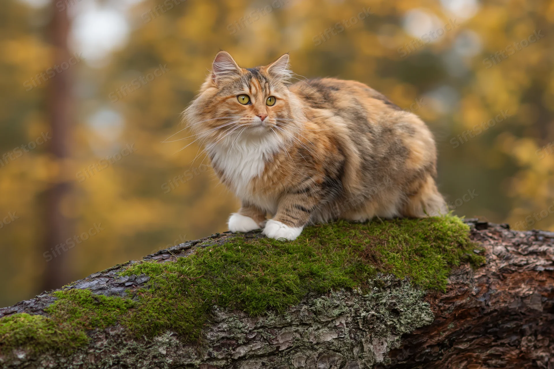 Long-haired tabby cat perched on mossy log in autumn forest