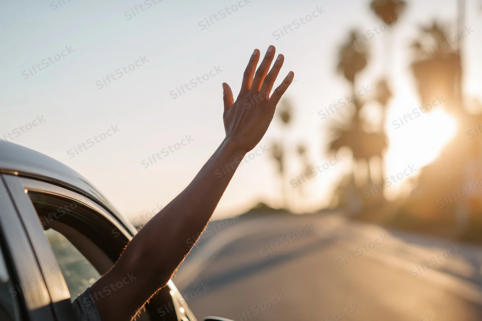 Arm reaching out of car window with hand open against sunset and palm trees along road