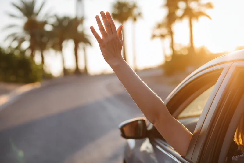 Woman’s arm reaching out of car window with hand open during sunset drive along palm-lined road