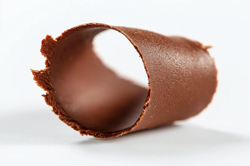 Dark milk chocolate curl shaving on white background