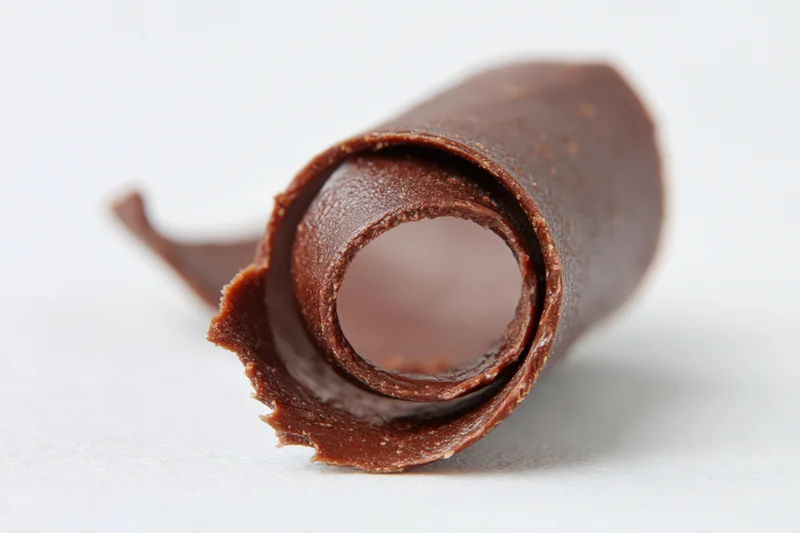 Dark milk chocolate curl shaving on white background