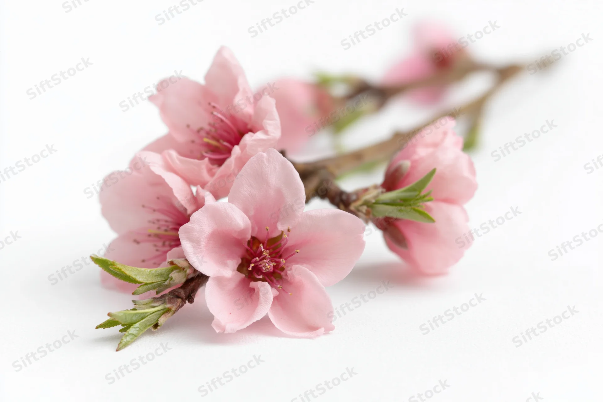 Peach blossom branch with five open pink flowers on white background