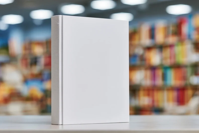 White hardcover book standing upright on a table in a bookstore with blurred shelves behind