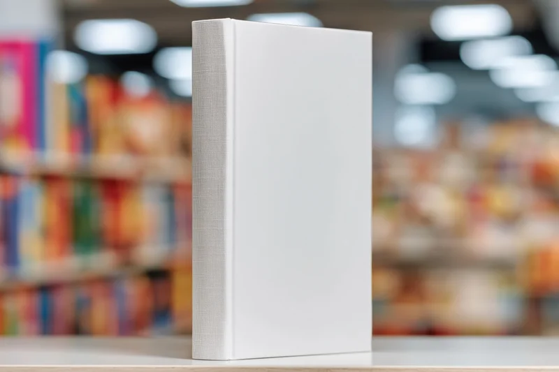White hardcover book standing upright on a shelf in a bookstore