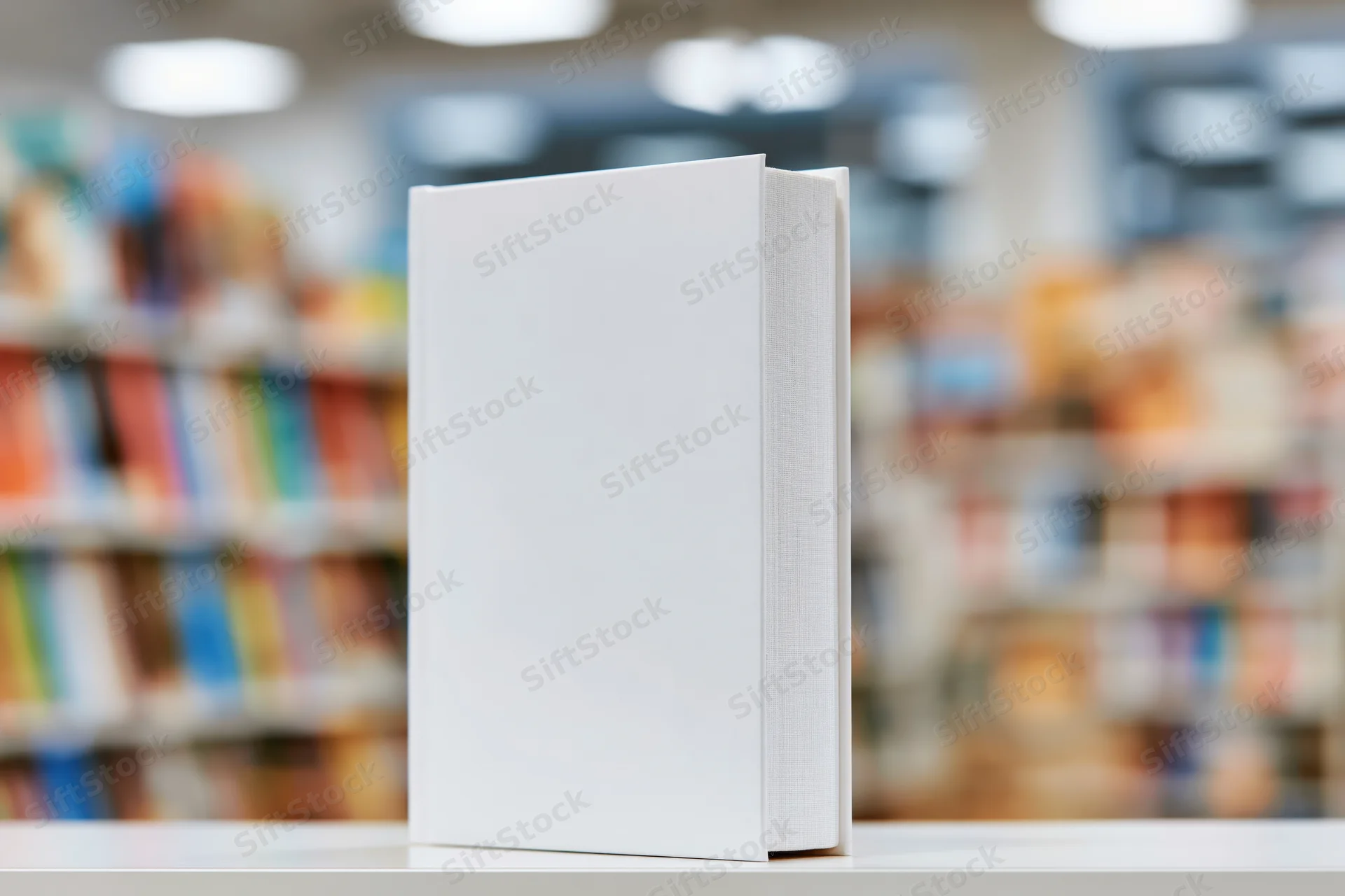 White hardcover book standing upright on a table in a bookstore with blurred shelves in the background