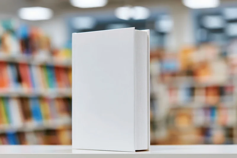 White hardcover book standing upright on a table in a bookstore with blurred shelves in the background