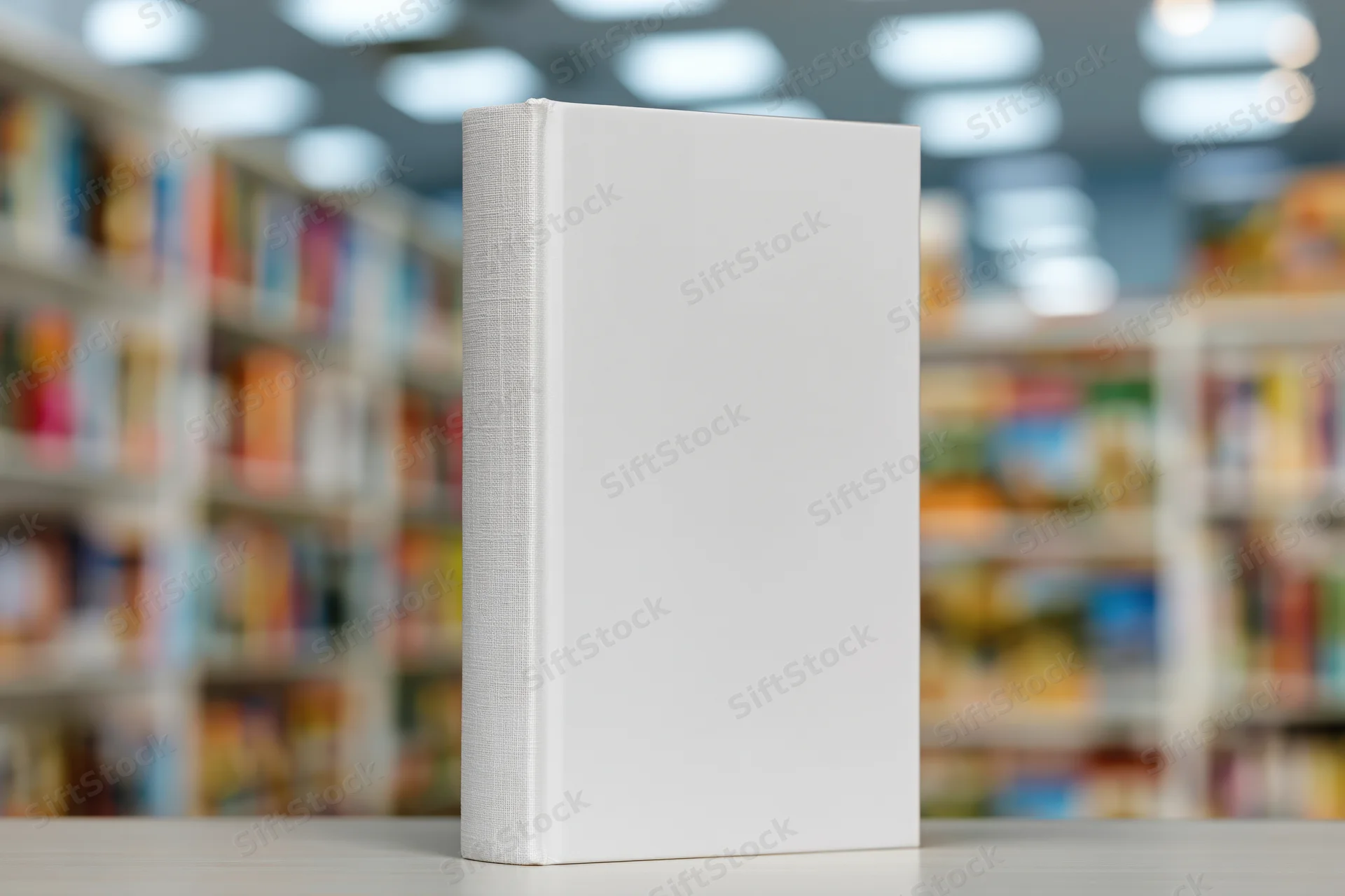 White hardcover book standing upright on a table in a bookstore with blurred shelves behind