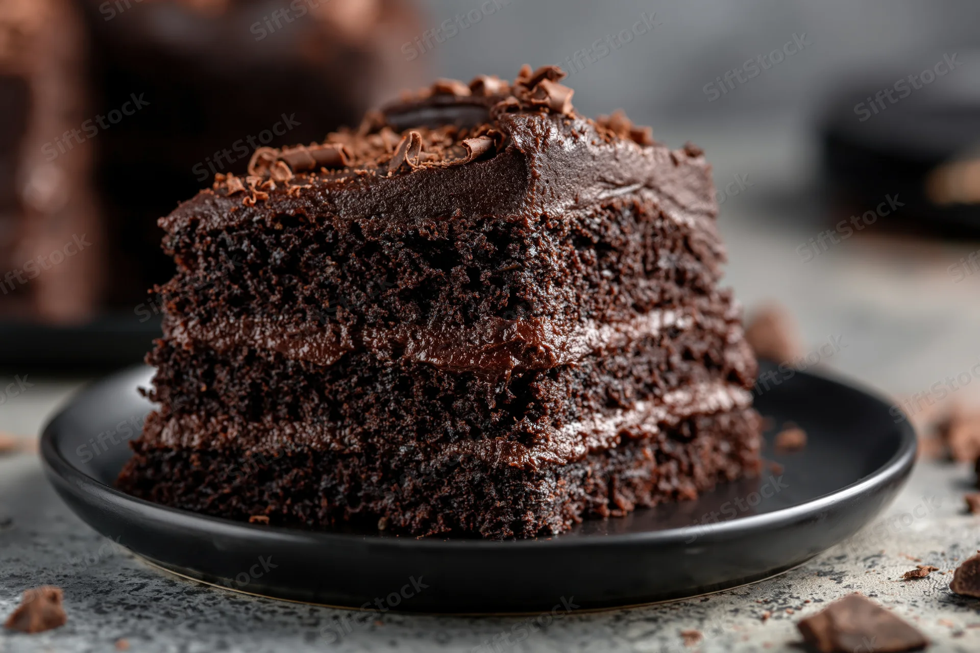 Slice of dark chocolate layer cake on black plate showing moist texture and chocolate frosting