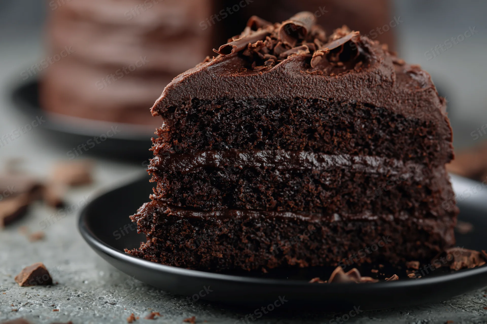 Slice of dark chocolate layer cake on black plate showing moist interior and chocolate curls on top