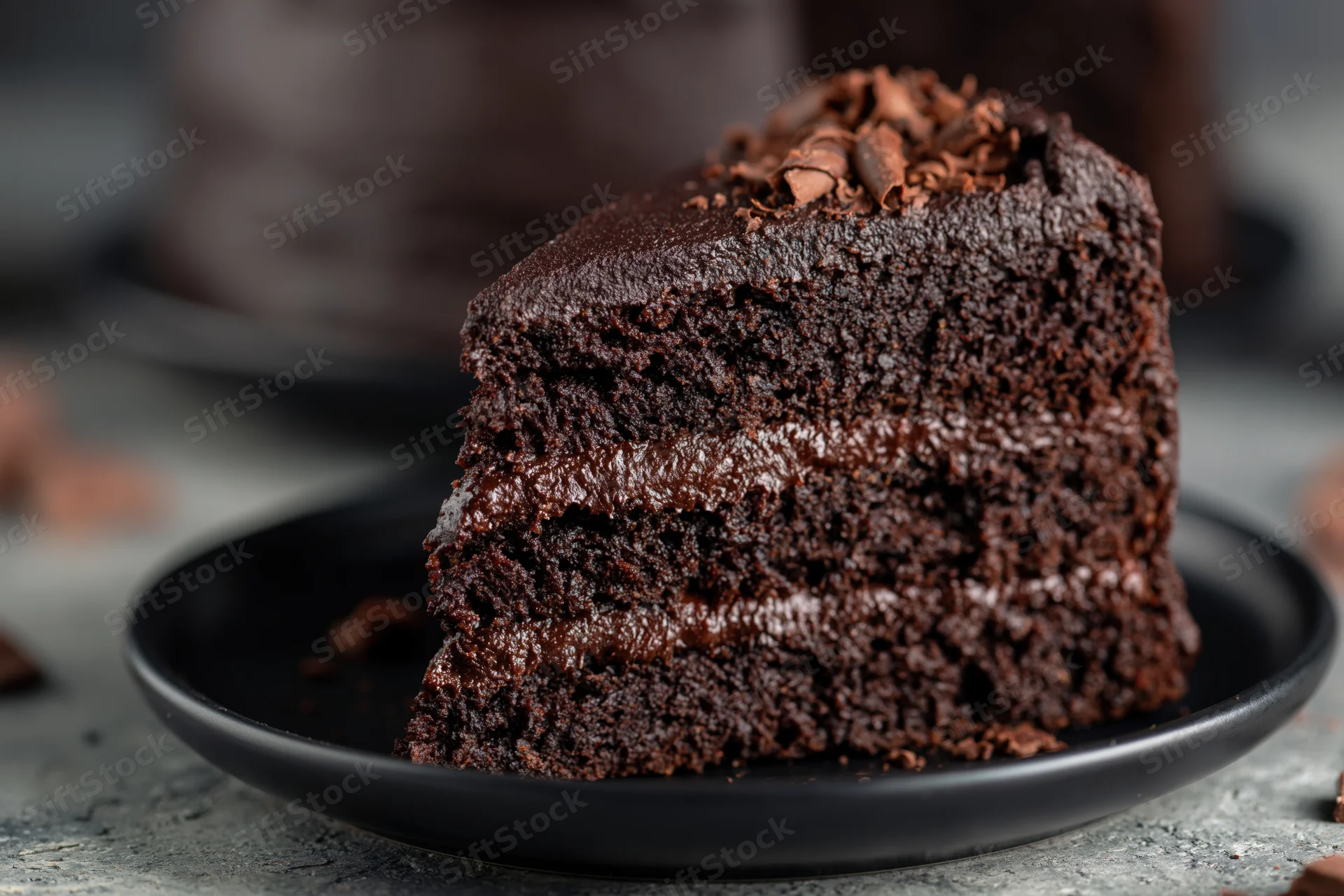 Slice of dark chocolate layer cake on black plate showing moist interior and chocolate shavings