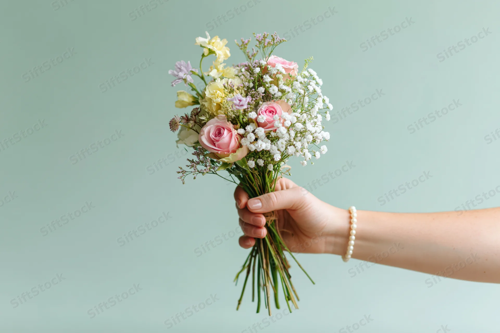 Woman's hand holding a mixed flower bouquet with pink roses and baby's breath against a light green background
