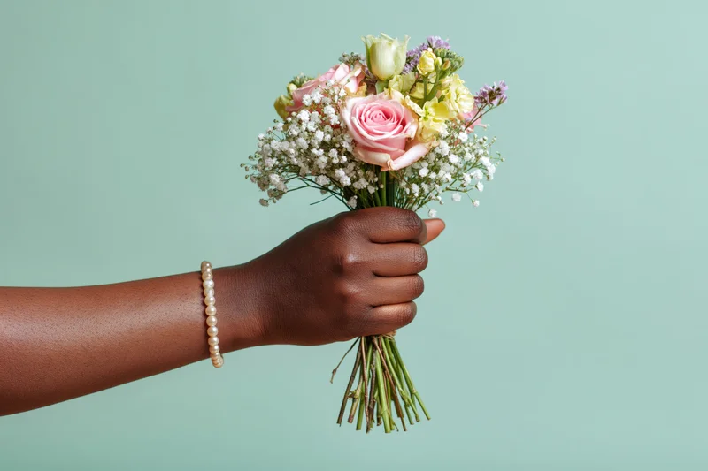 Woman's hand holding a mixed flower bouquet against a mint background