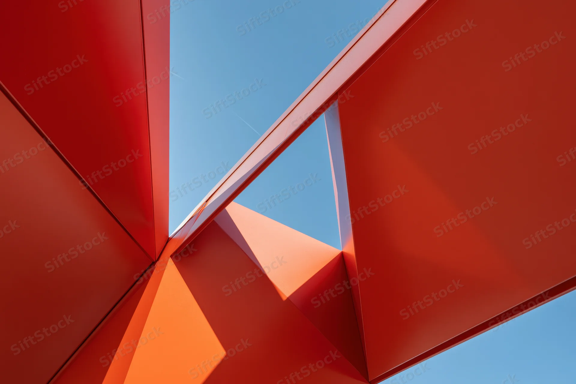 Upward view of bold red metal architectural structure against blue sky