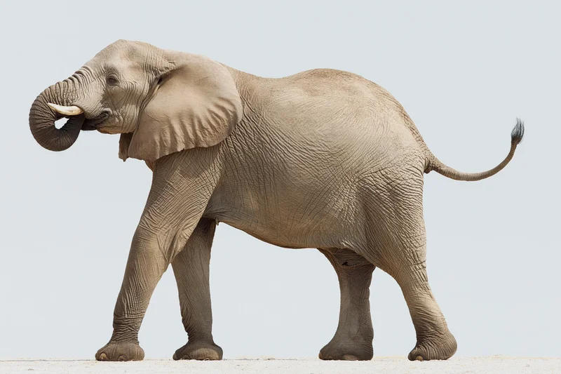 African elephant in profile walking with trunk curled upward on plain background