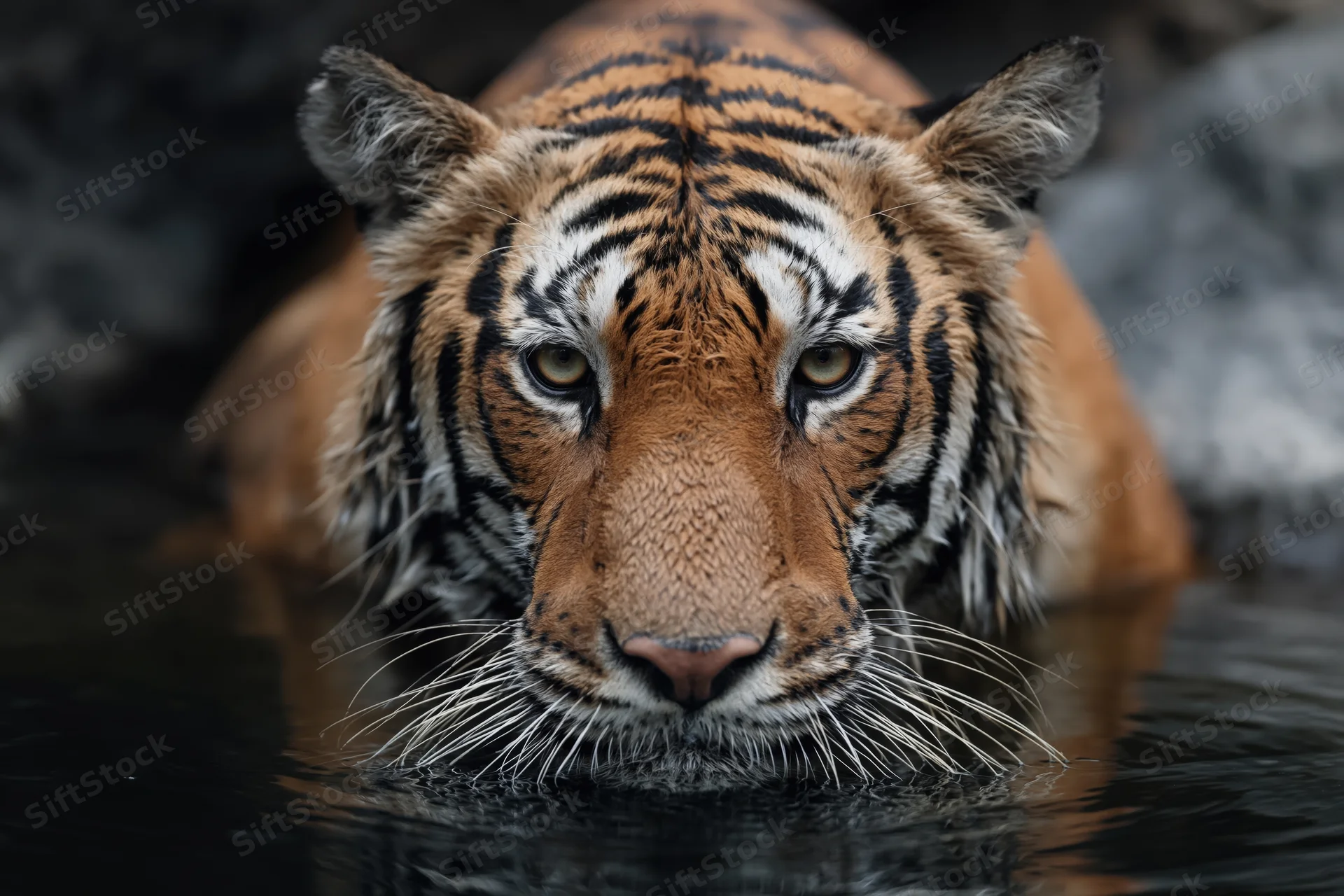 Bengal tiger lowering head to drink from dark still water