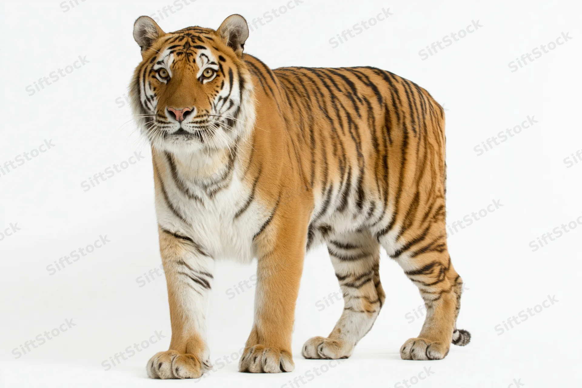 Adult bengal tiger standing alert and facing the camera in a studio setting