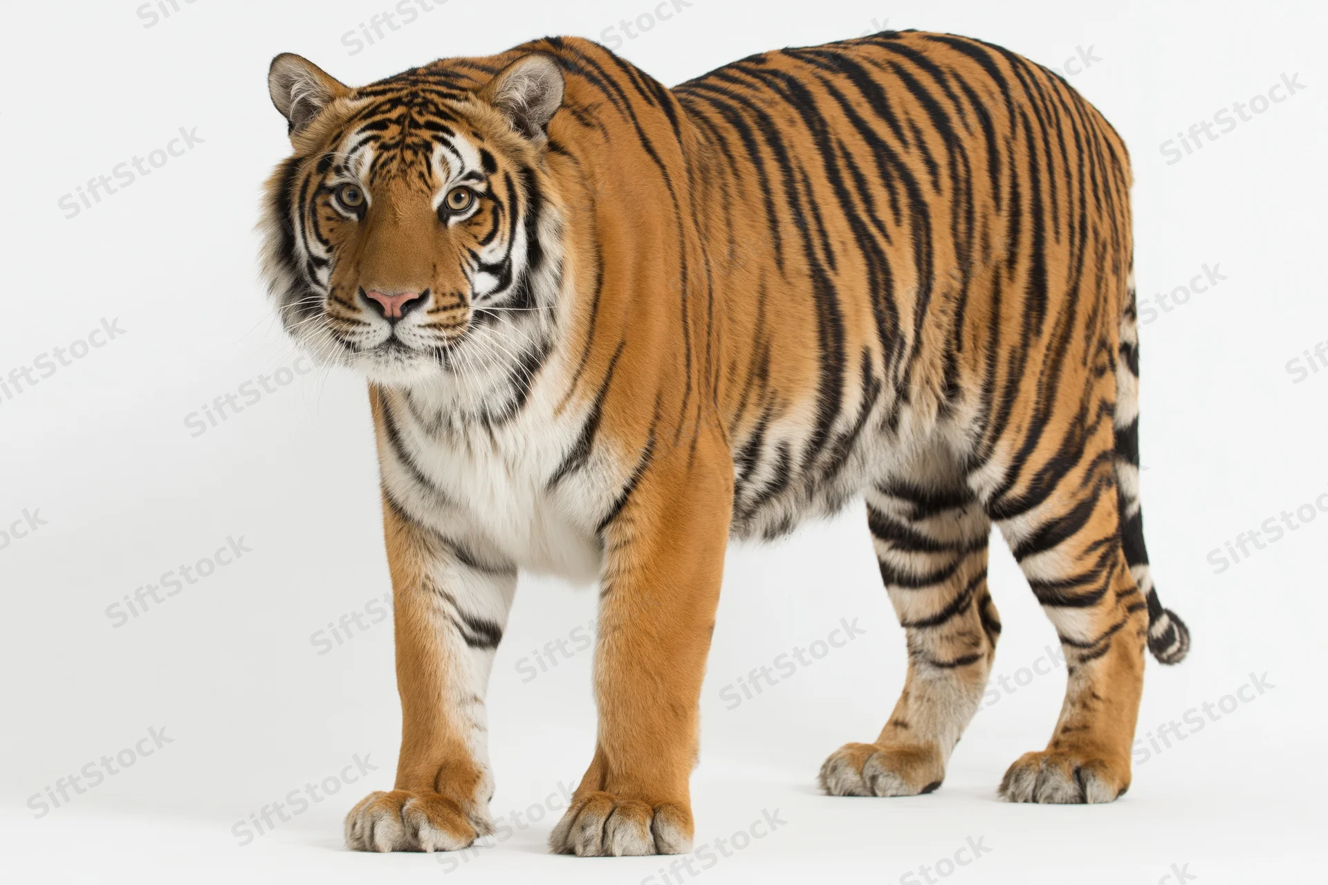 Adult bengal tiger standing alert and facing the camera in a studio setting