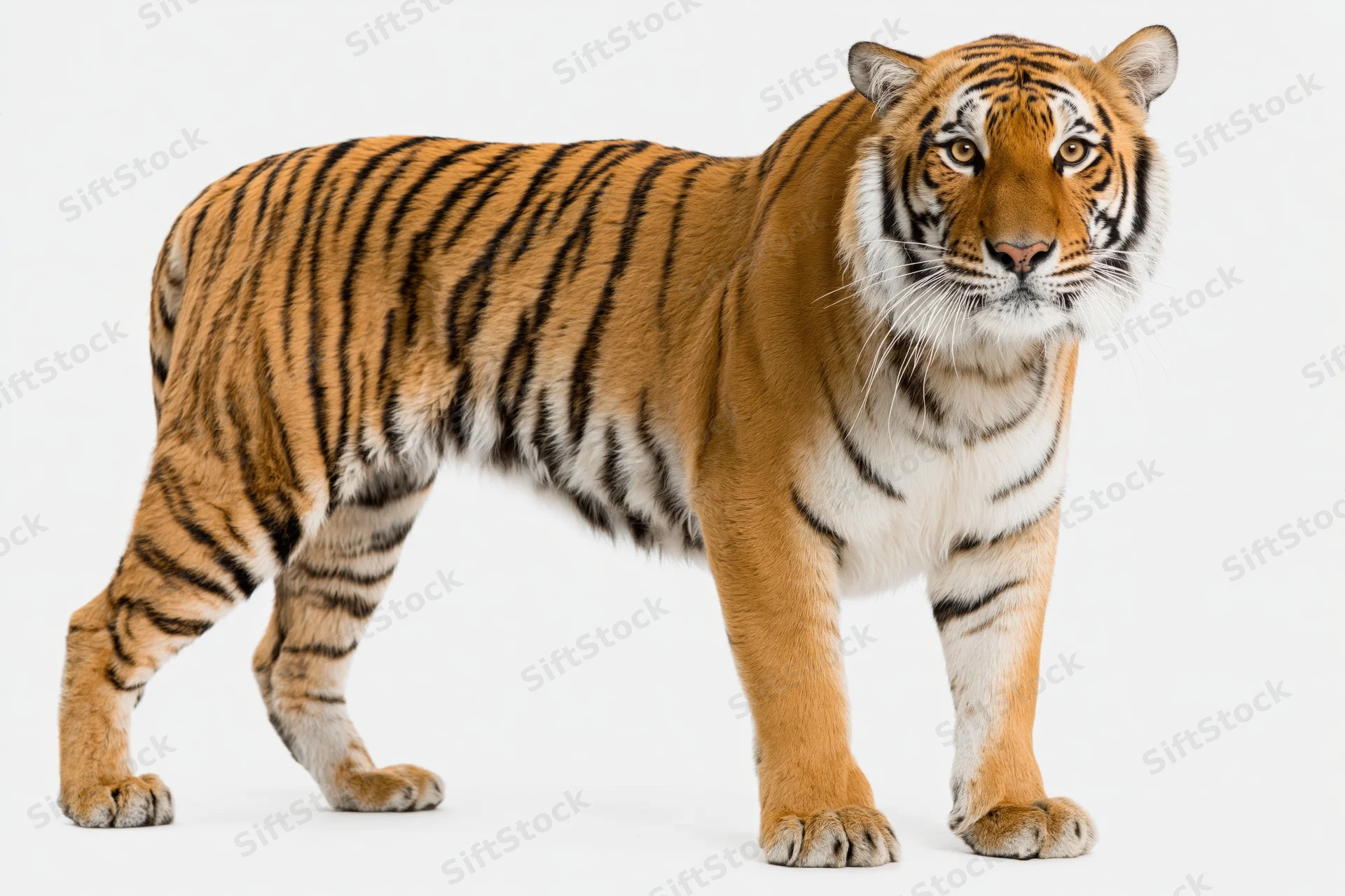 Adult bengal tiger standing alert and facing the camera in a studio setting