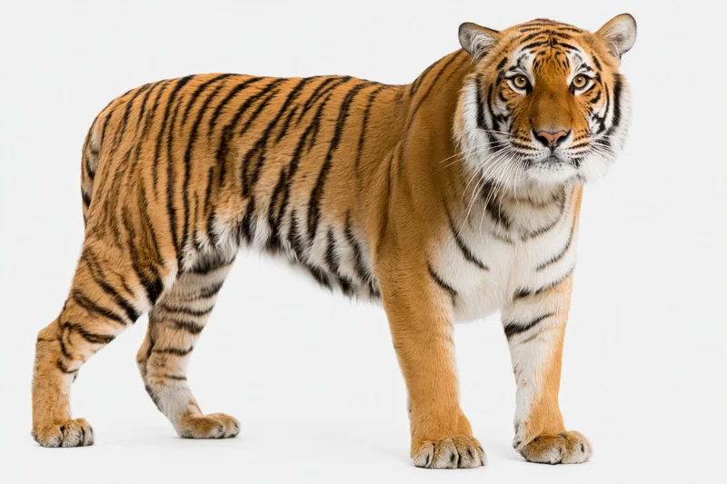 Adult bengal tiger standing alert and facing the camera in a studio setting