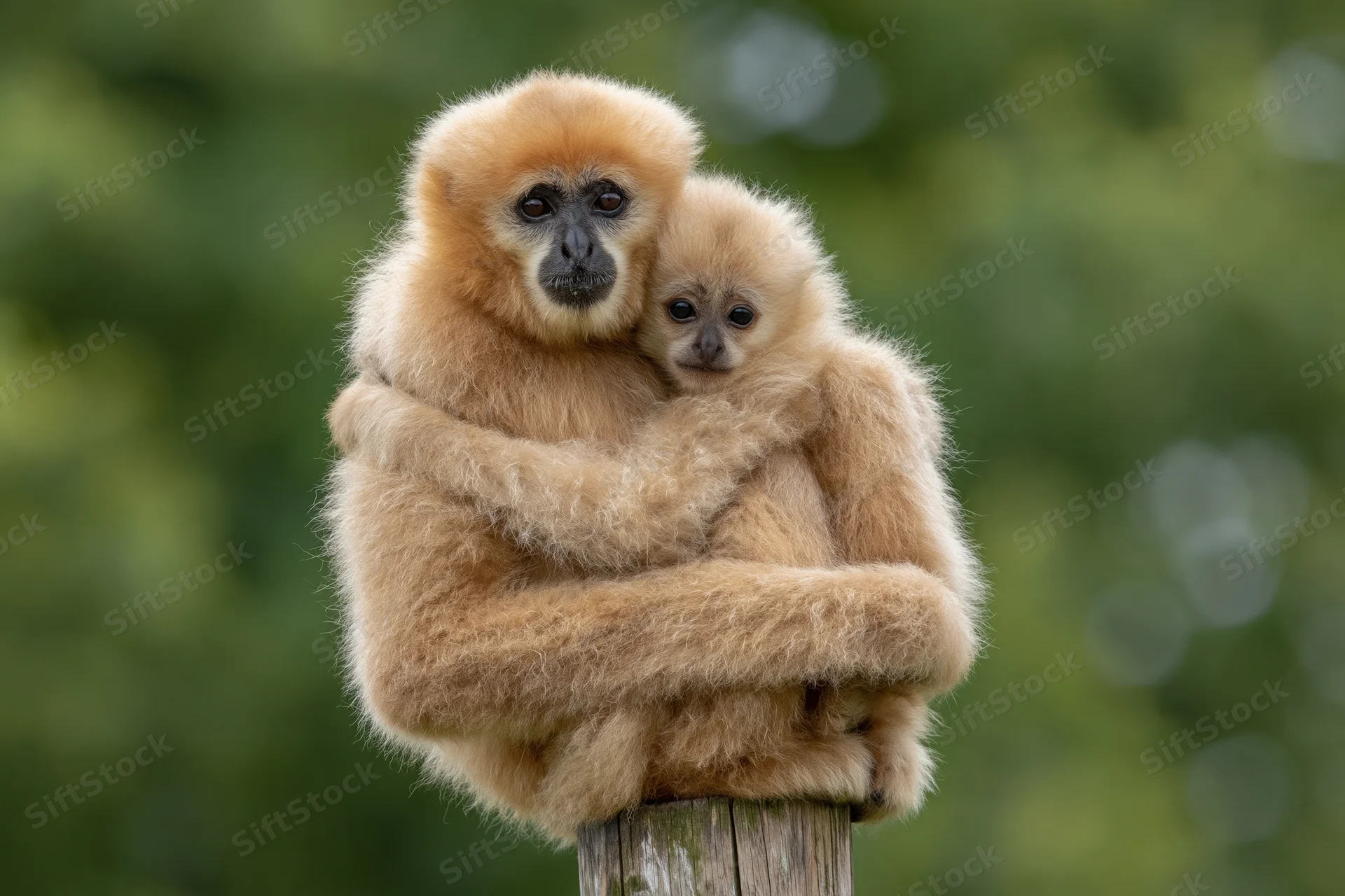 Adult female northern white-cheeked gibbon holding baby on wooden post in forest setting