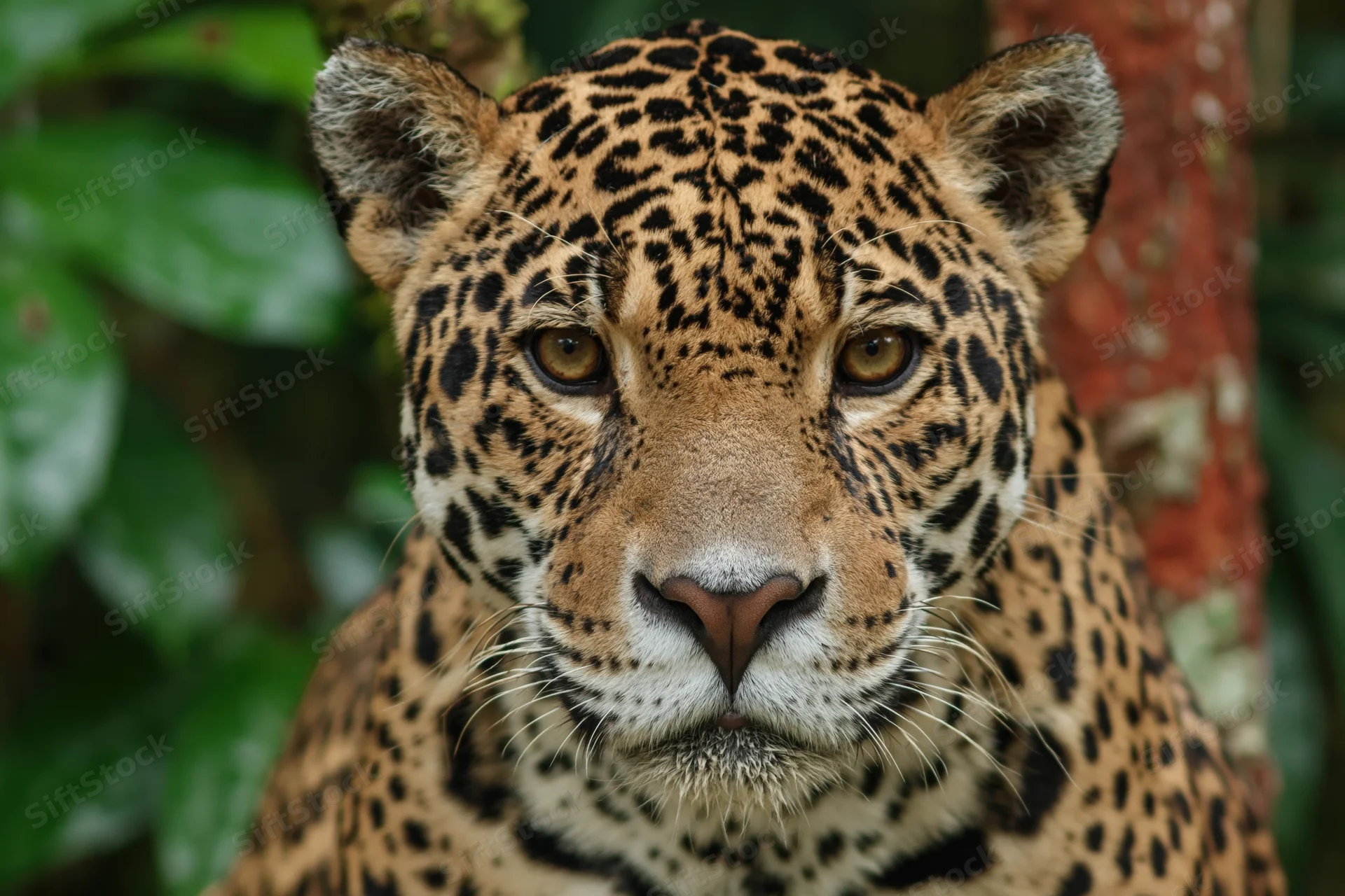 Jaguar staring directly at camera in dense jungle foliage