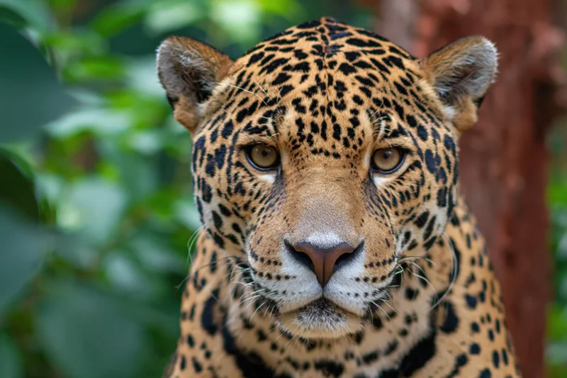Jaguar staring directly into the camera in a forest setting