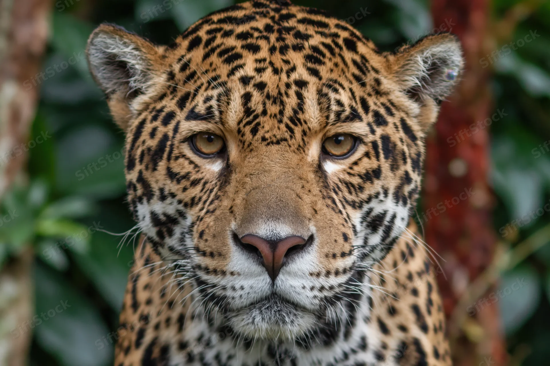 Jaguar staring directly at camera in dense jungle foliage