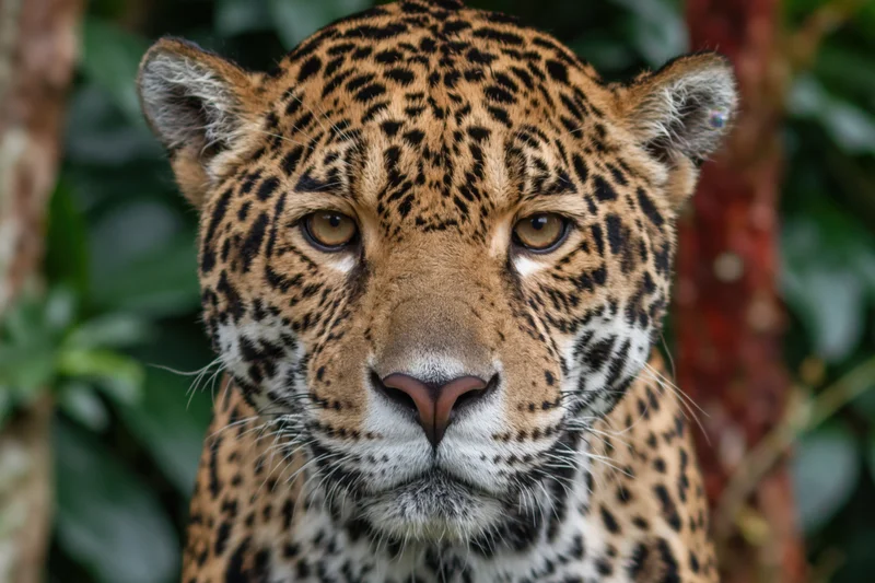 Jaguar staring directly at camera in dense jungle foliage