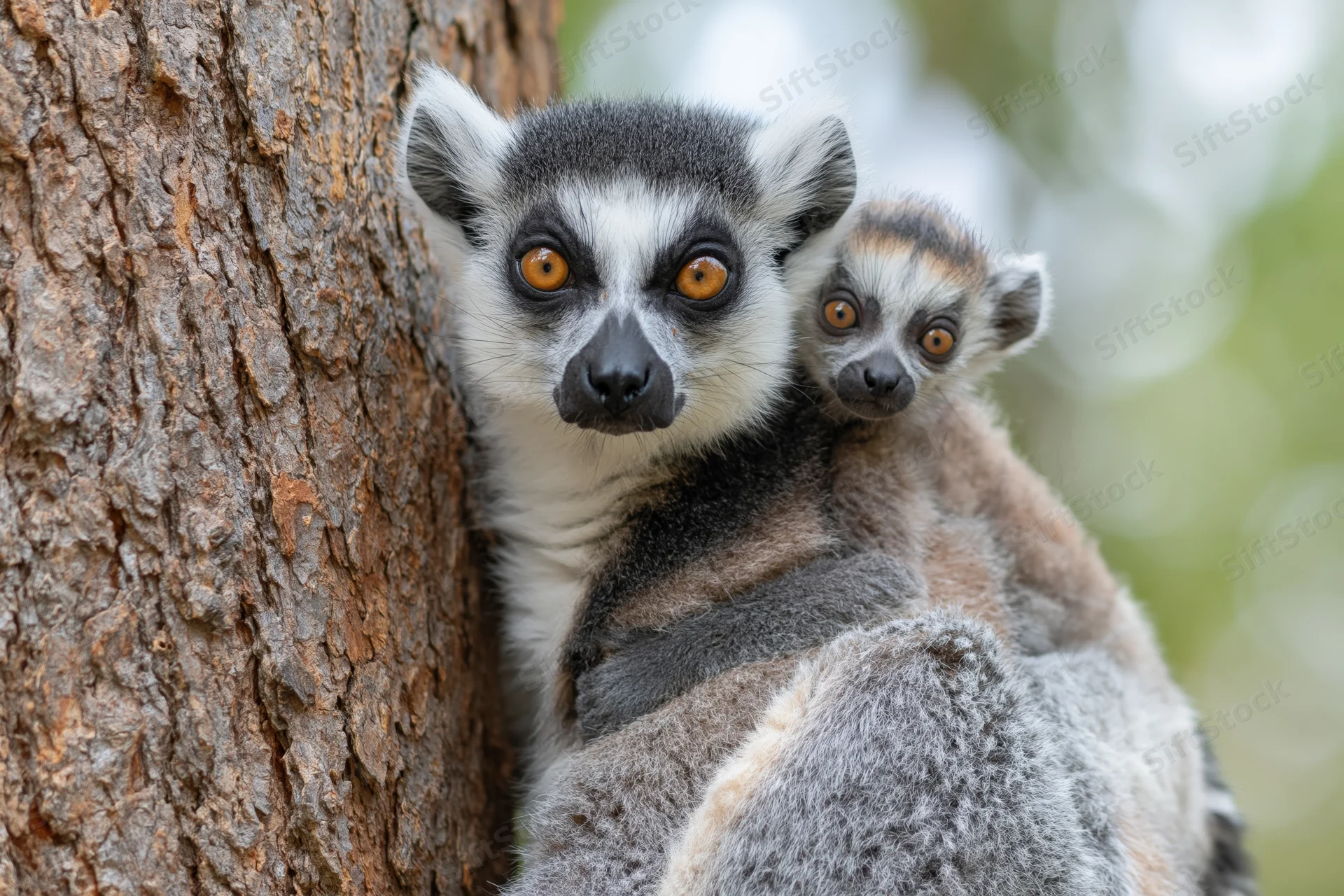 Adult ring-tailed lemur clinging to tree trunk with baby clinging to its back in forest habitat