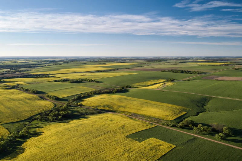Aerial view of vast agricultural fields with yellow canola and green crops under a blue sky