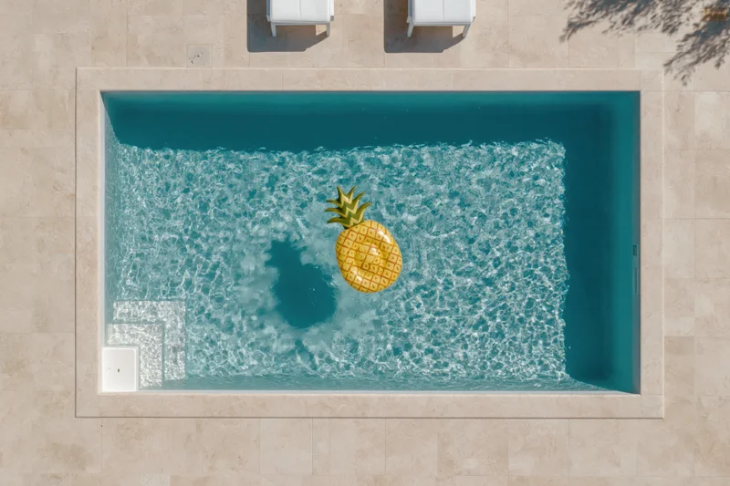 Overhead view of a rectangular outdoor swimming pool with a pineapple inflatable float in clear blue water surrounded by beige tiled deck and white lounge chairs