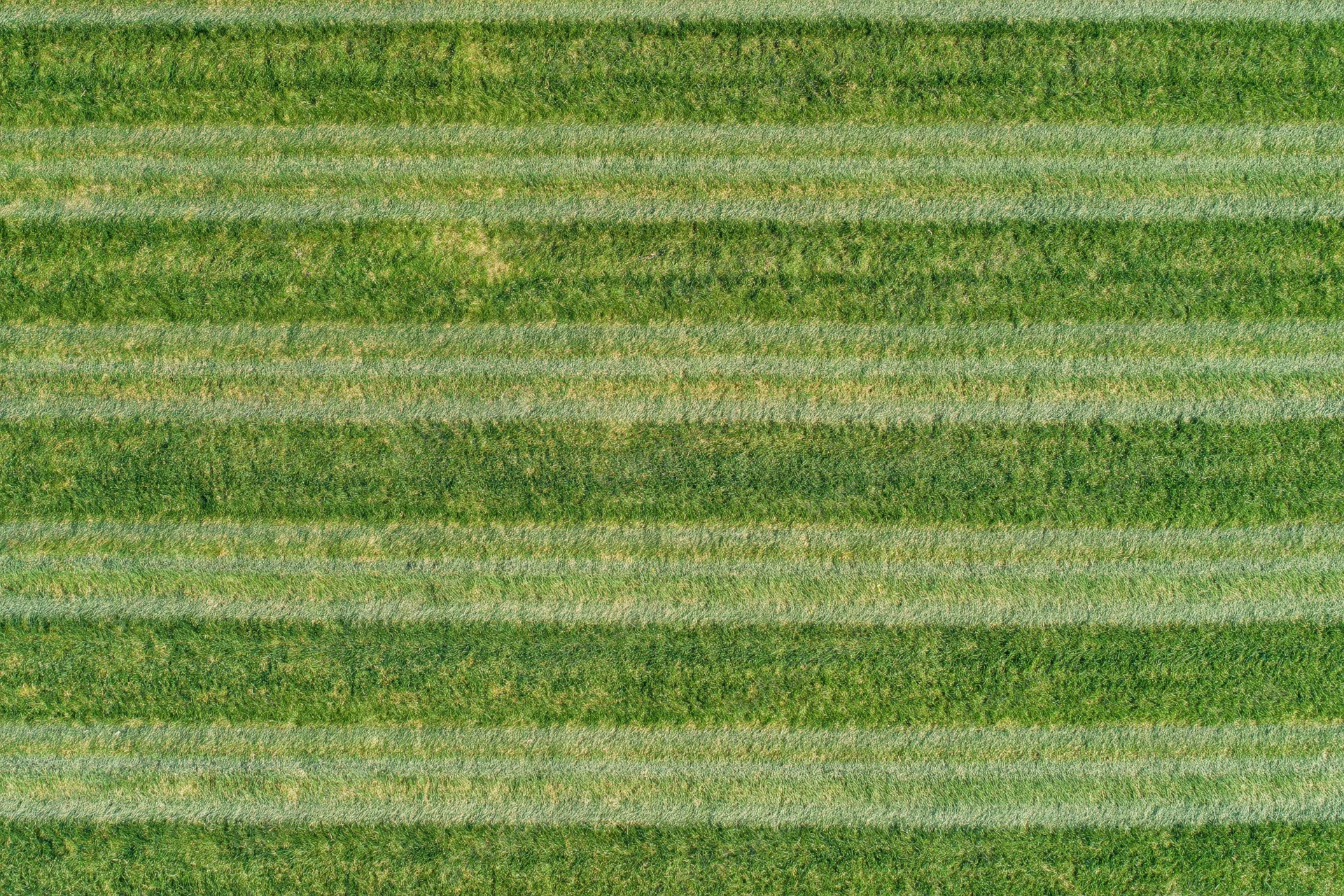 Aerial top-down view of a freshly mowed striped grass sports field