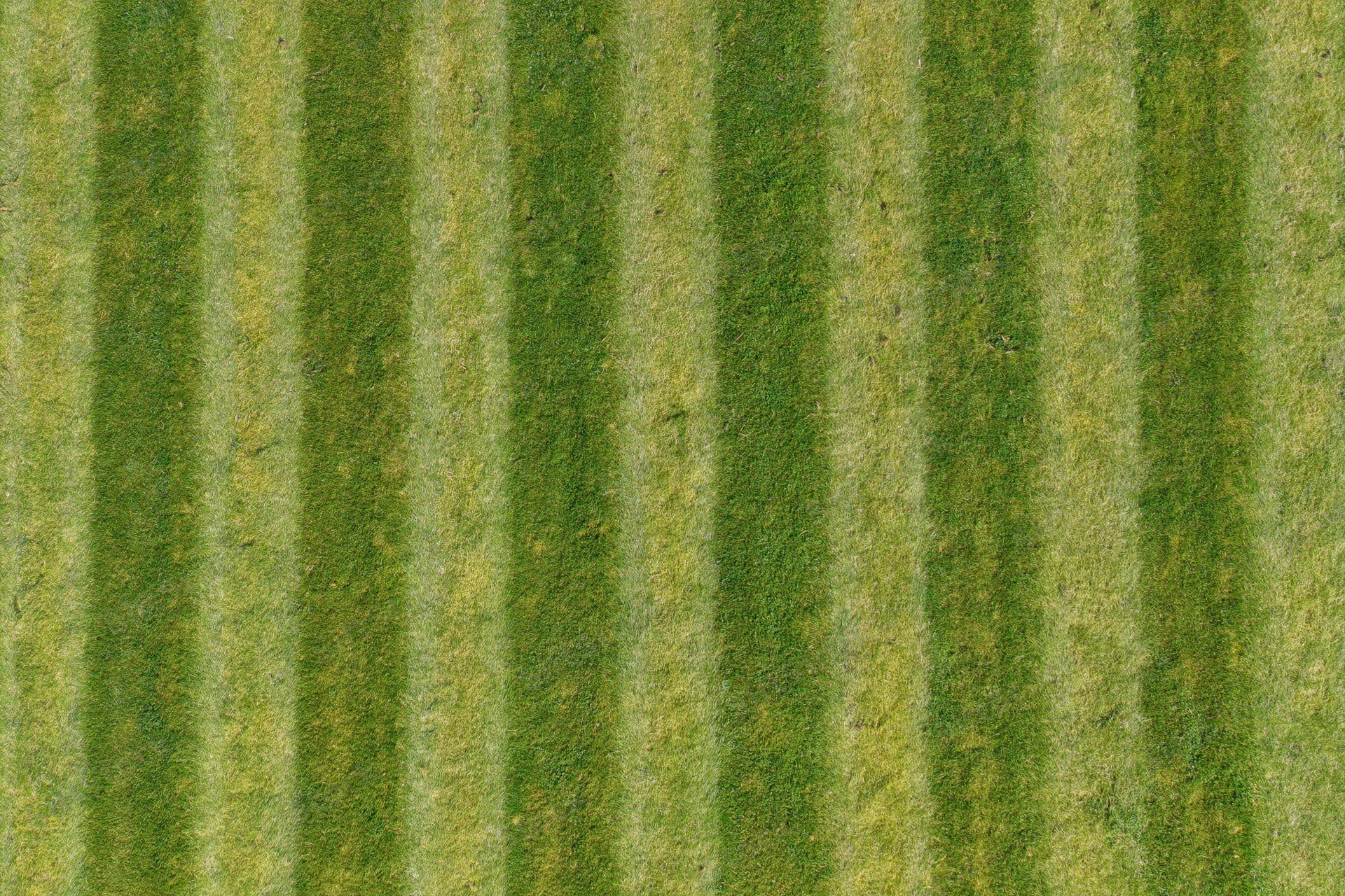 Aerial top-down view of a freshly mowed striped grass sports field