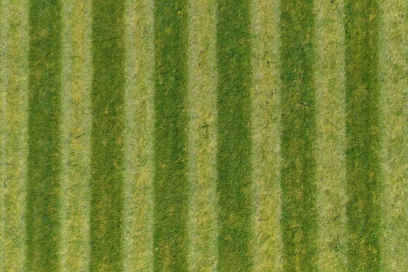 Aerial top-down view of a freshly mowed striped grass sports field