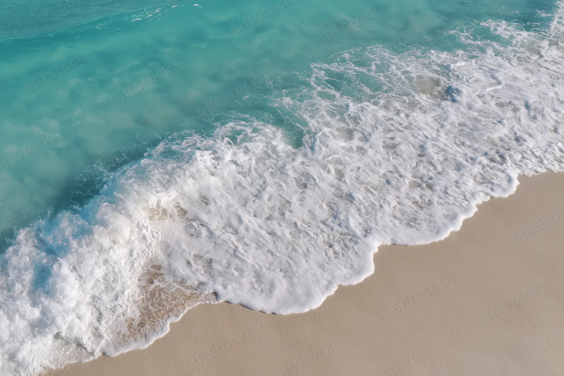 Aerial top-down view of a gentle ocean wave washing onto clear sand beach