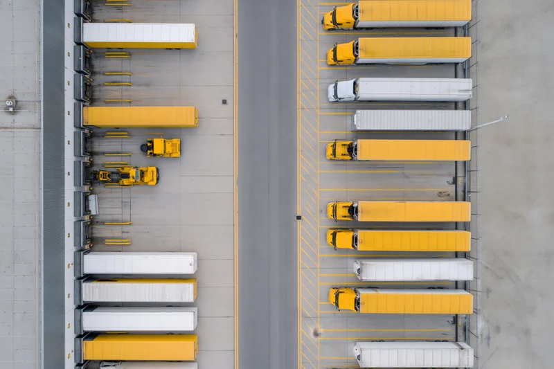 Aerial top-down view of logistics depot with rows of yellow and white trucks parked at loading docks and in parking lanes
