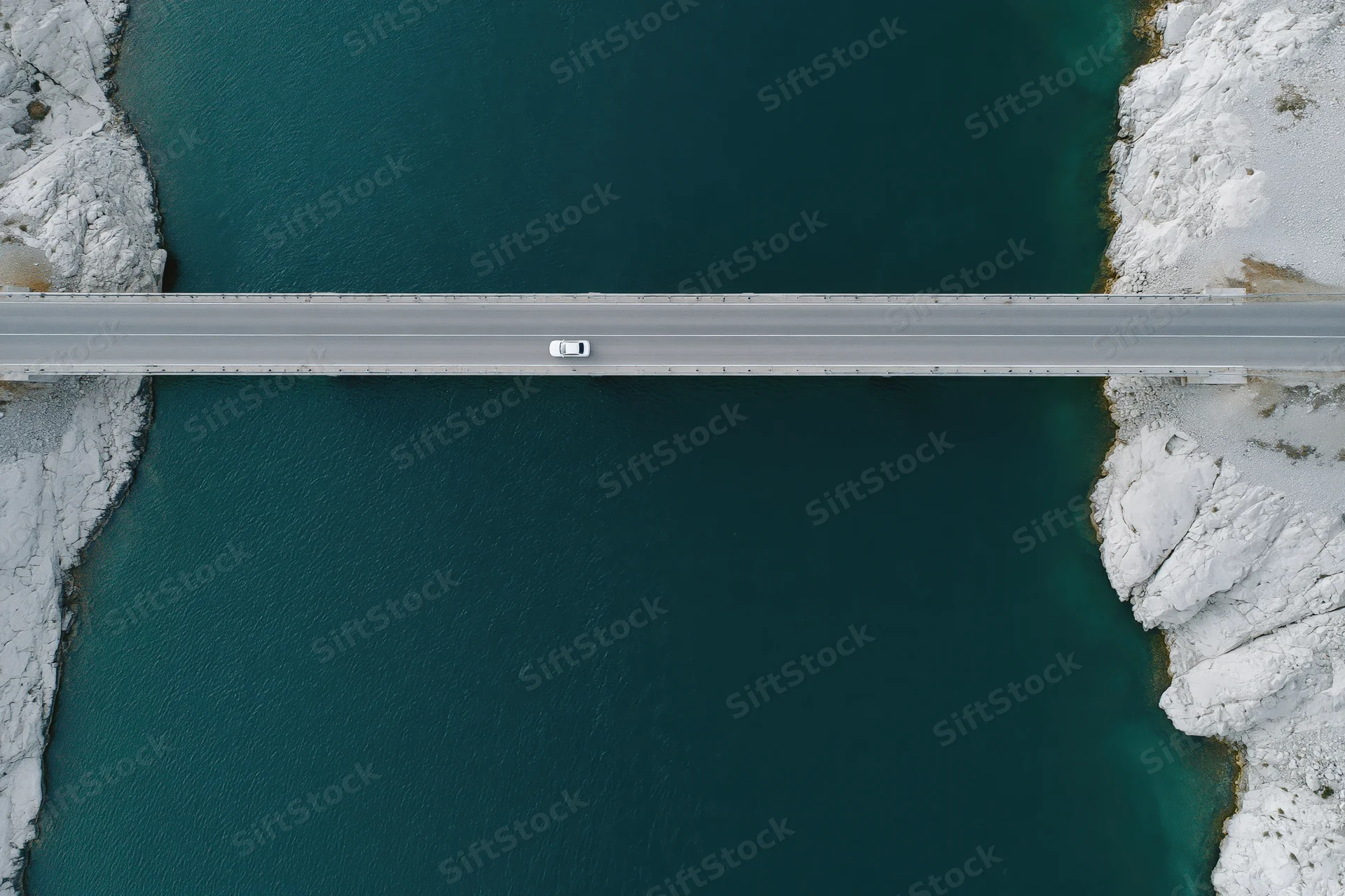 Aerial top-down view of a white car driving across a narrow bridge over a blue river flanked by snowy rocky cliffs