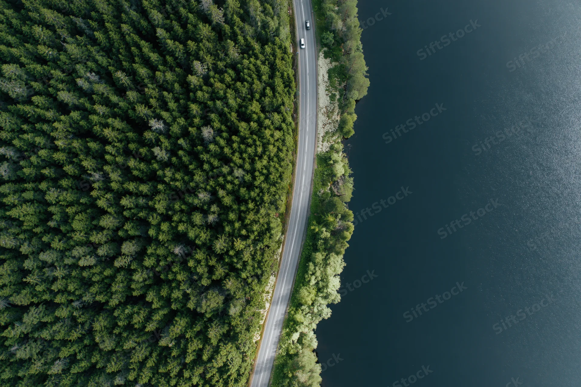 Aerial top-down view of a narrow road winding between dense forest and a dark lake