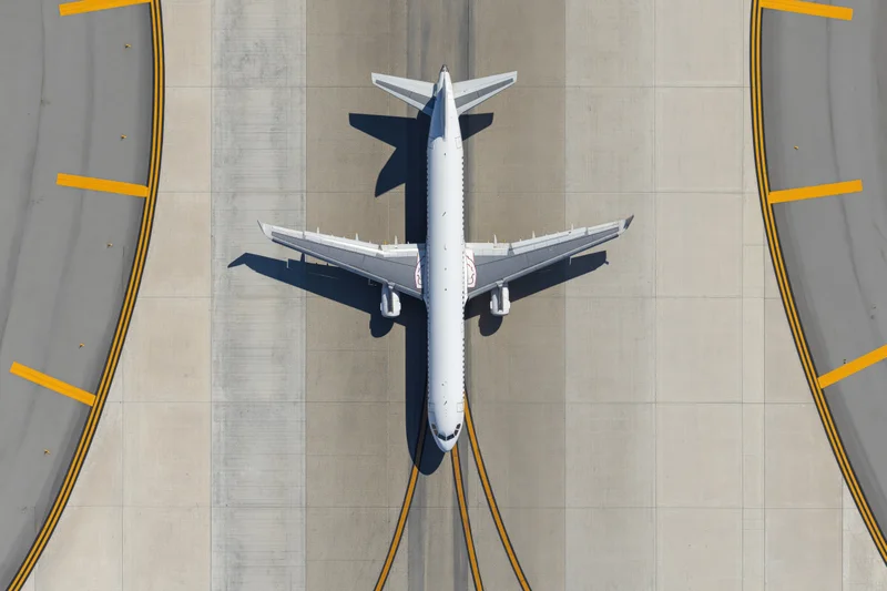 White commercial passenger jet taxiing on airport tarmac from overhead view