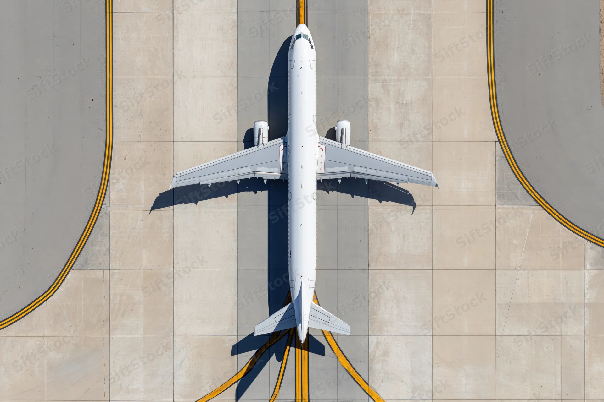 White commercial passenger jet taxiing on airport tarmac from top-down aerial view