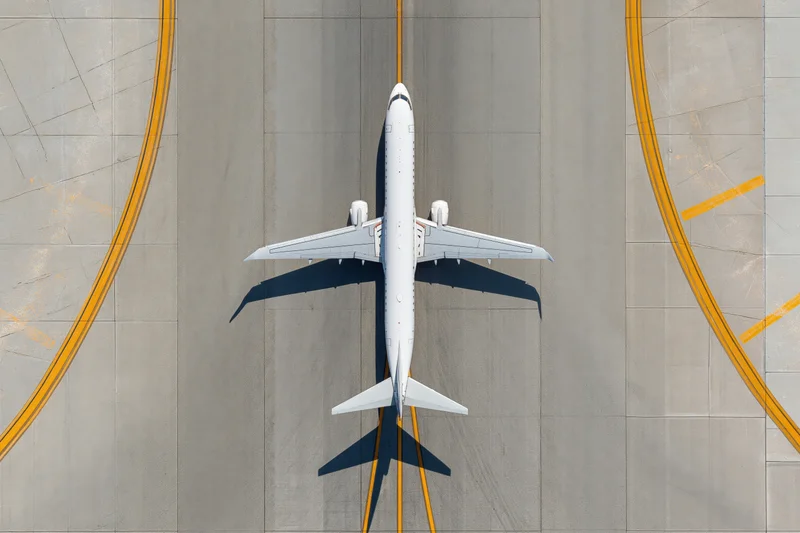 White commercial passenger jet taxiing on airport tarmac viewed from directly above