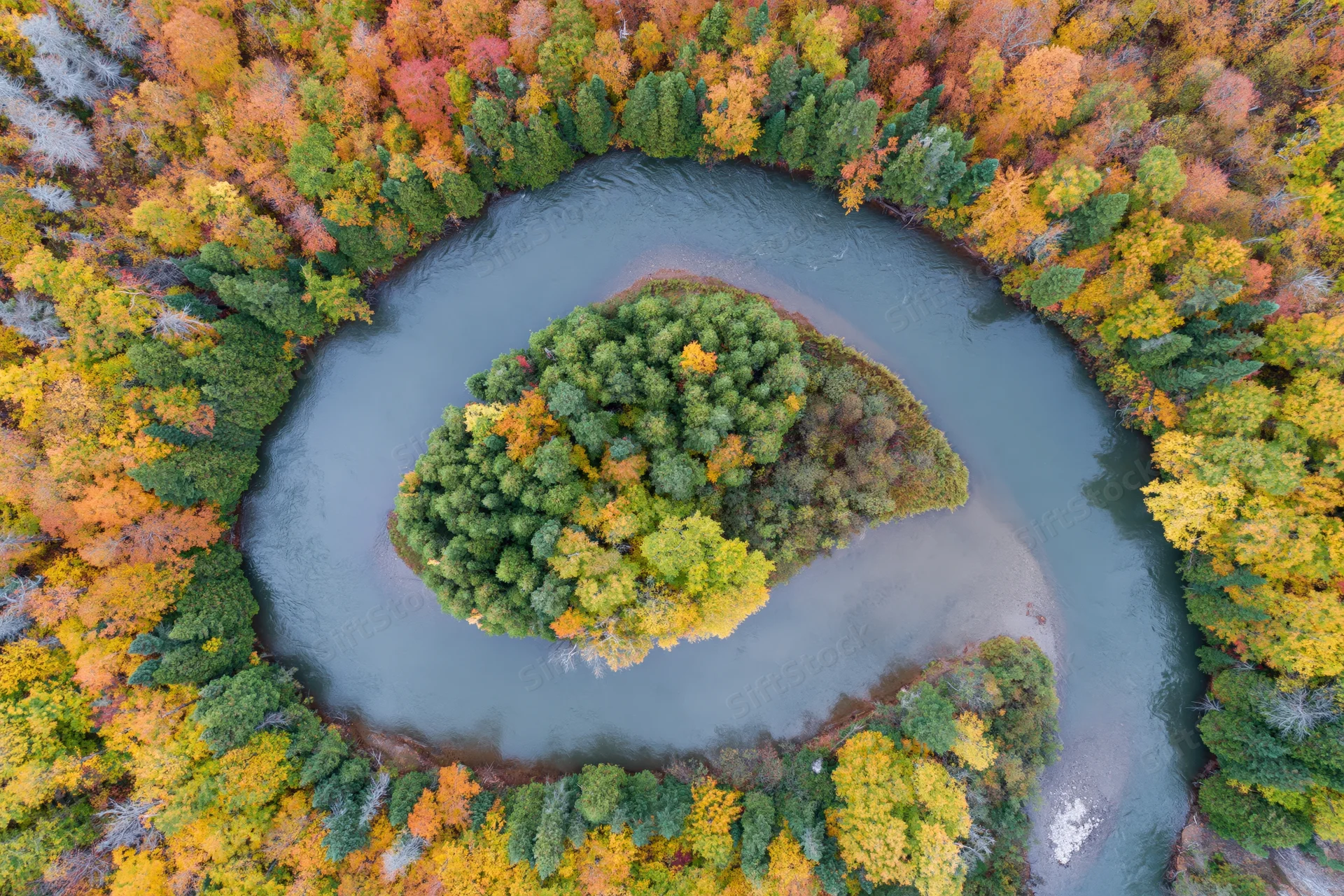 Aerial top-down view of a winding river curving around a small tree-covered island surrounded by autumn forest